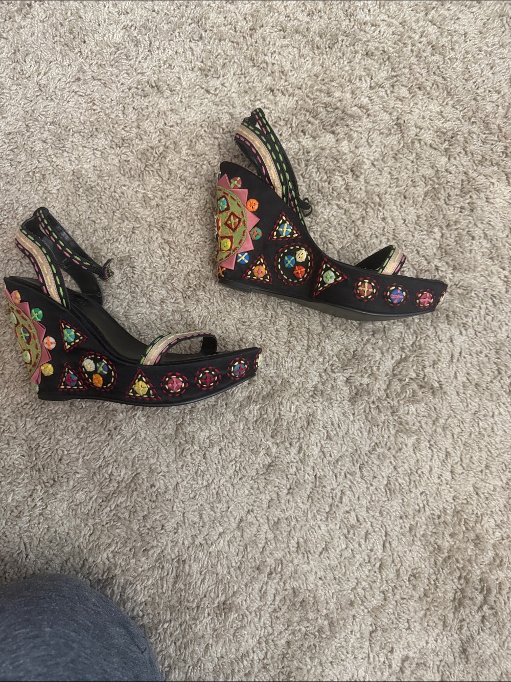 Sam Edelman Black Wedge Sandals with Multicolor Gem Accents